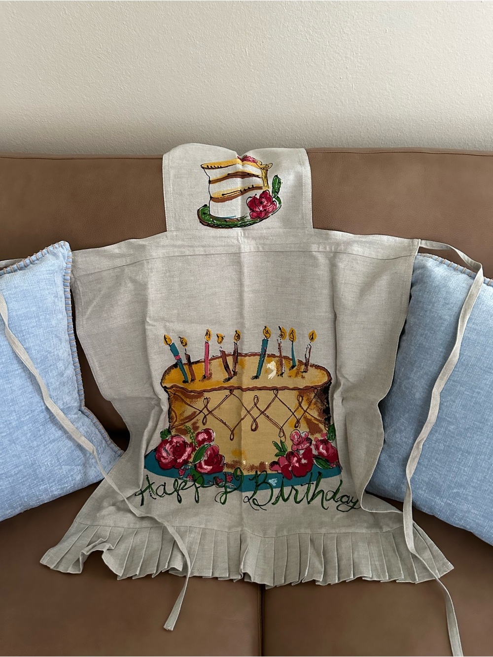 Linen Birthday Cake Apron with Floral Embroidery